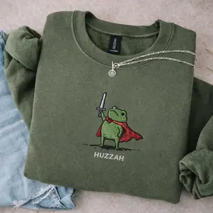 Embroidered  Huzzah Frog Sweatshirt and Hoodie, Funny DnD Pullover, Renaissance Faire Frog Crewneck, Medieval Fantasy Gamer Gift