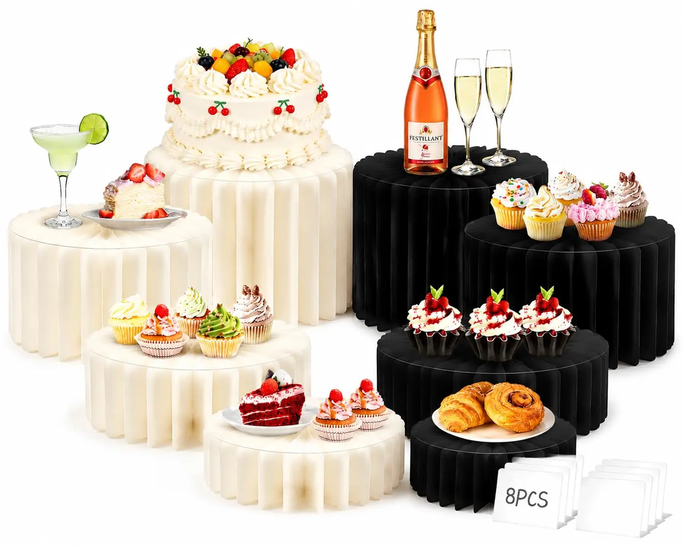 8-Pack Cardboard Lightweight Foldable Buffet Risers - Display Stands for Party Catering Wedding Decor, Cake & Dessert Table Stands, Jewelry Holders (White, Black)