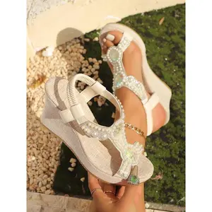 Women's Fashionable Rhinestone Decorated Wedge Sandals, Boho Style Wedge Sandals for Beach Vacation, Casual Versatile Shoes for Daily Wear