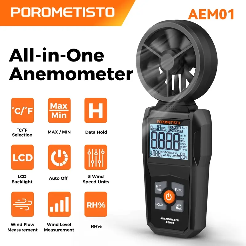 POROMETISTO AEM01 Digital Anemometer 0.8~40m/s Wind Speed Meter Handheld Humidity Air Velocity Airflow -20~60°C Temperature Test