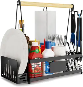 Grill Caddy with Plate Holder and Paper Towel Holder, Picnic BBQ Condiment Utensil Organizer Caddy for Outdoor Cooking, Rv, Camping Essential, Camper Must Haves, Grilling Gifts for Men