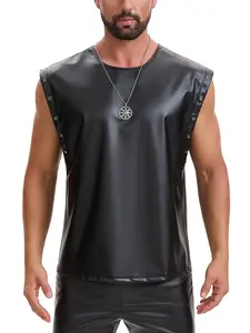 Men's Shiny Soft Faux Leather Tank Tops, Oversized Crew Neck Grommet Pullover Vest, Loose Fitted Slouchy Casual Shirts Club