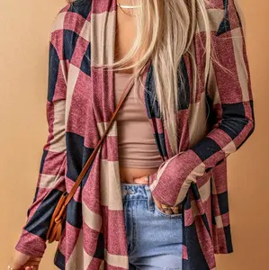 Draped Open Front Plaid Cardigan