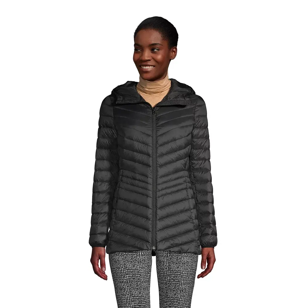 Lands' End Women's Wanderweight Packable Down Hooded Long Jacket - Medium - Black, Style, Puffer