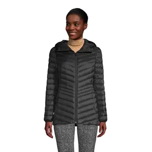 Lands' End Women's Wanderweight Packable Down Hooded Long Jacket - Medium - Black