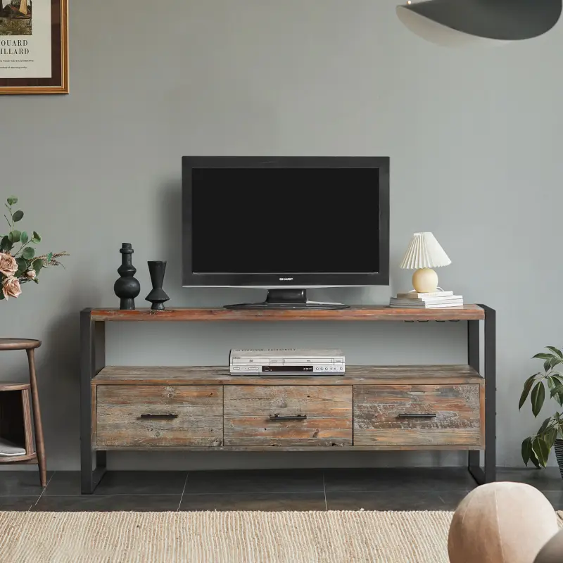 (High end and high-quality) 60 inch Reclaimed wood Media TV Console table with 3 Drarwer, Open Shelf, Antique finish