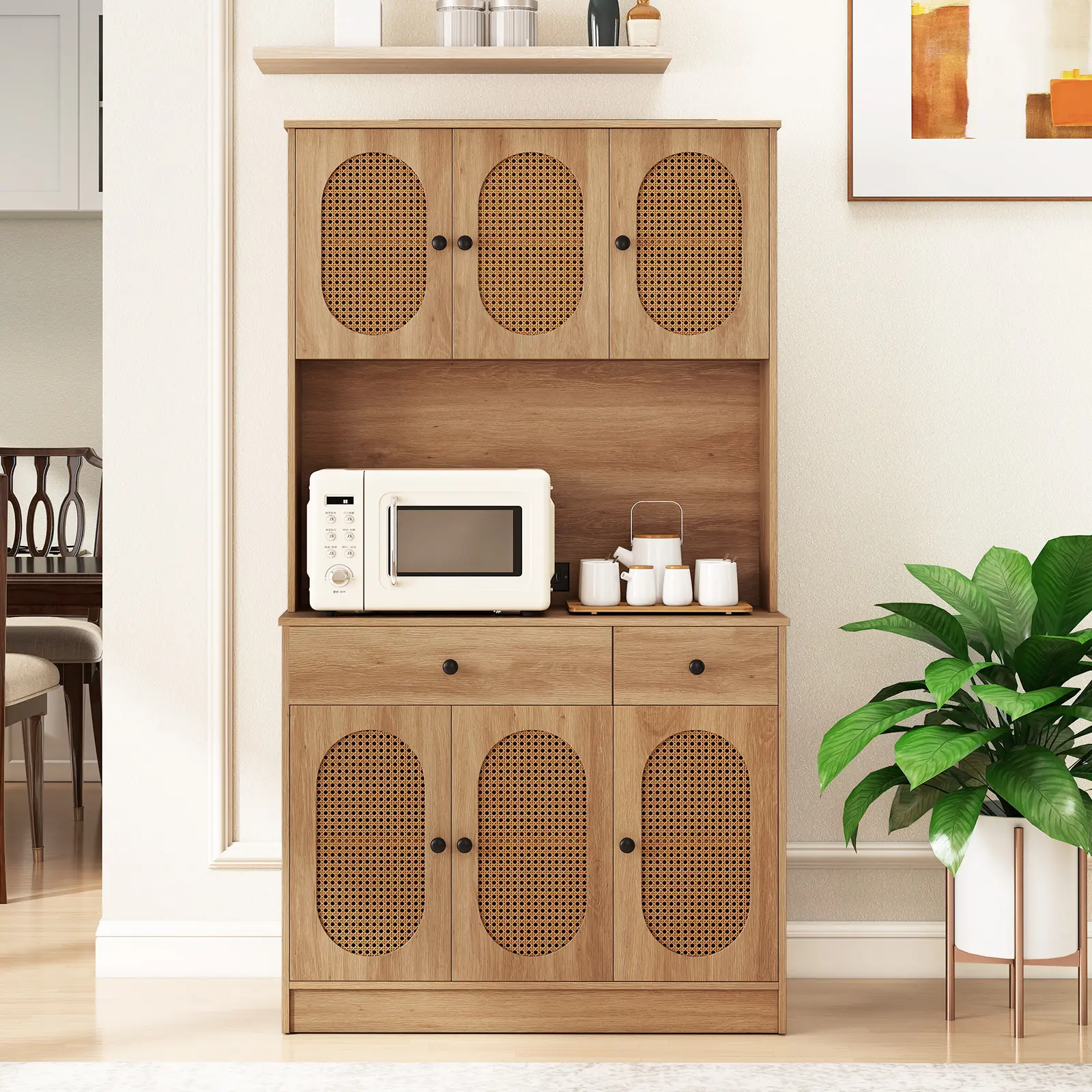 COSTWAY - 71 Inches Pantry Cabinet with Hutch and Charging Station-Natural COSTWAY - 71 Inches Pantry Cabinet with Hutch and Charging Station-Natural