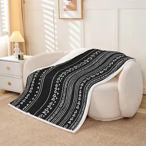 Rustic Boho Sherpa Blanket Black White Aztec Throw Blanket Simple Geometric Stripes Triangle Fleece Blanket for Kids Adults Men Modern Abstract Fuzzy Blanket Farmhouse Room Decor