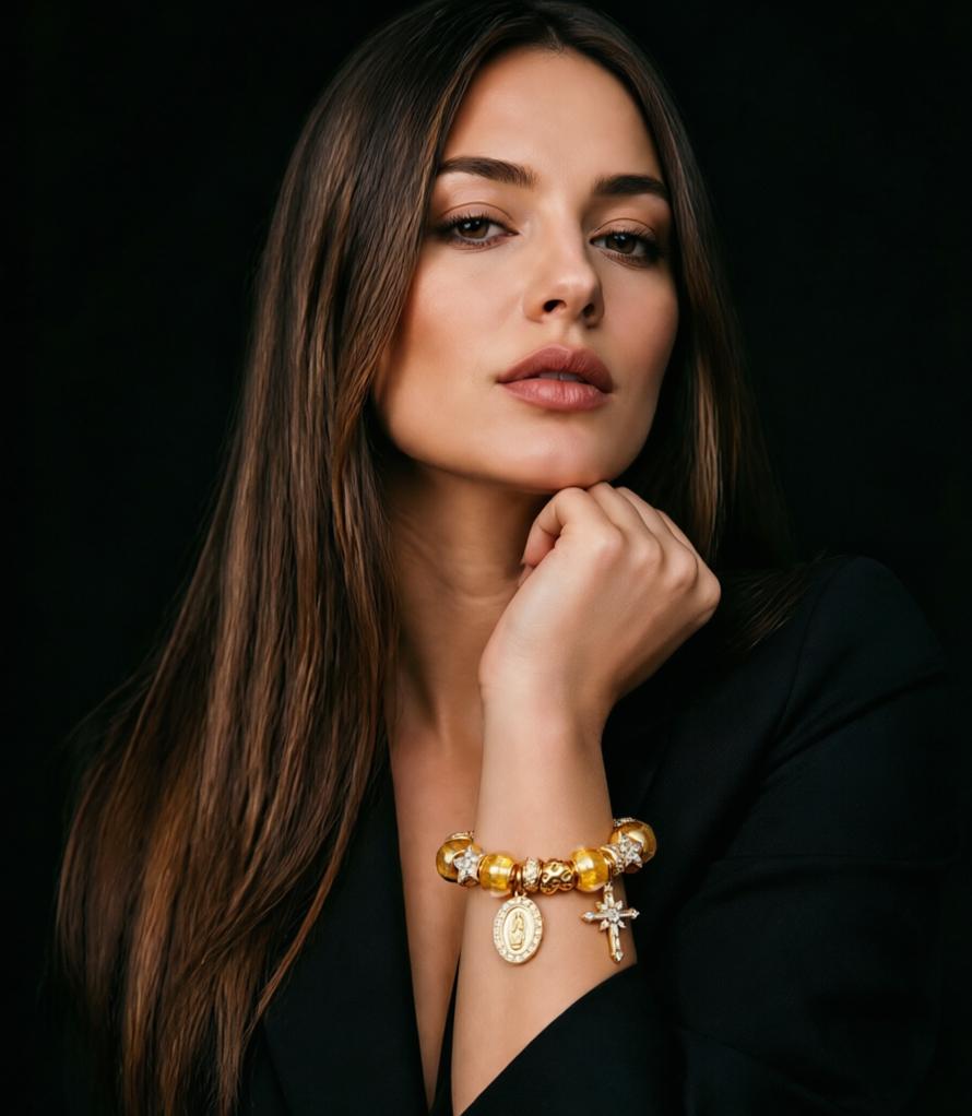 Luxury Gold Charm Bracelet with Virgin Mary & Cross Pendant Rhinestone Star Beads Fashion Religious Jewelry Gift for Her