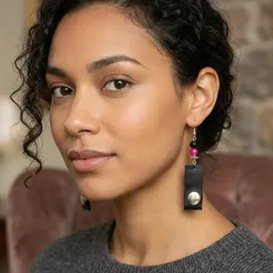 Elegant Black Leather Earrings with Pink Bead and Silver Accent for Women's Fashion