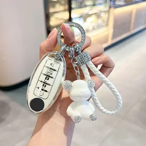 ACEBOY for Nissan 5 Buttons Keys Fob Case TPU Bling Keychain for Nissan Altima Sentra Rogue Pathfinder Murano Armada Maxima Versa Girly Women White Silver