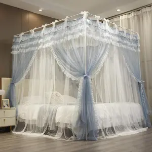 Bed Layer 4 Corners Post Lace Up Ruffle Drape Netting 4 Opening Net for Girls Bedroom Decoration (Grey/White, 64" W*82" L*82" H/Queen)