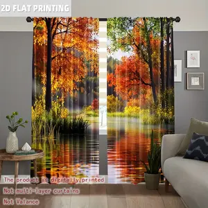2-Piece set, autumn lakeside printed curtains - translucent curtains with orange-red leaf design, rod bag hanging, suitable for living room, bedroom, study home decoration - landscape pattern design, autumn decorative curtains