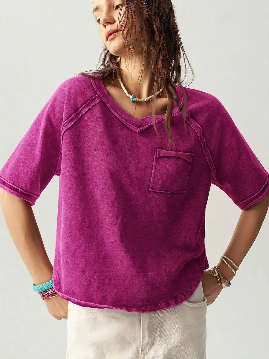 Casual Outfit Solid Color Knit Round Neck Raglan Short Sleeve Loose T-Shirt For Women Trendy Streetwear Summer Fashion
