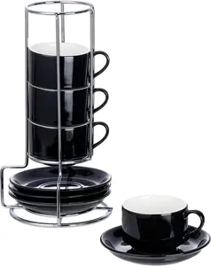 2.5 Ounce Porcelain Espresso Cups with Saucers and  Stand, Black Stackable Cups Set of 4