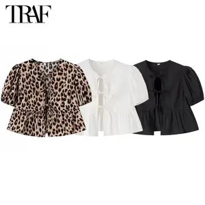 TRAF Leopard Print Crop Top Women Puff Sleeve Ruffle Blouses Woman 2025 Summer Shirts and Blouses for Women Ruched Ladies Tops