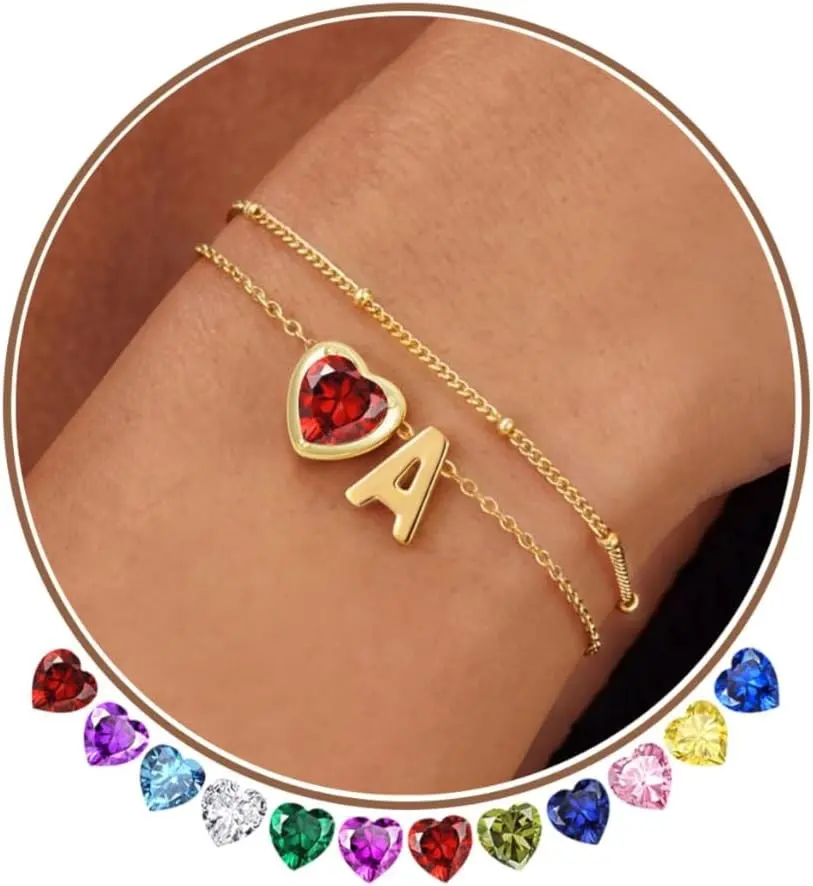 Dainty 14K Gold Plated Heart Initial Birthstone Layered Bracelet Trendy Letter A-Z Charm Jewelry Birthday Gifts for Women