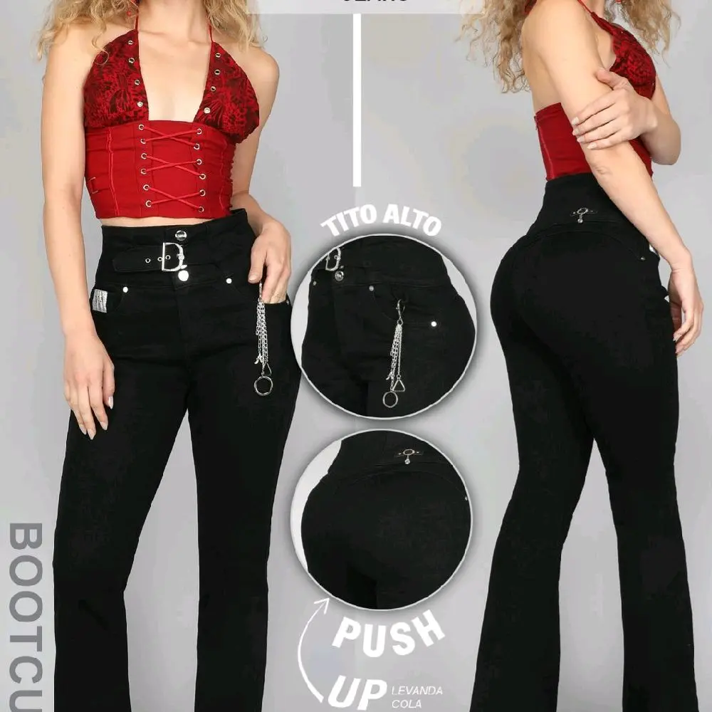 Jeans V Tito Alto Push Up Bootcut Jeans with Chain Detail and High Waist Design for Women