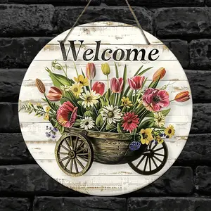 Wooden Floral Hanging Plate, Welcome Garden Decoration, Wood Craft Handmade, Ideal Home and Garden Decor, Durable Design