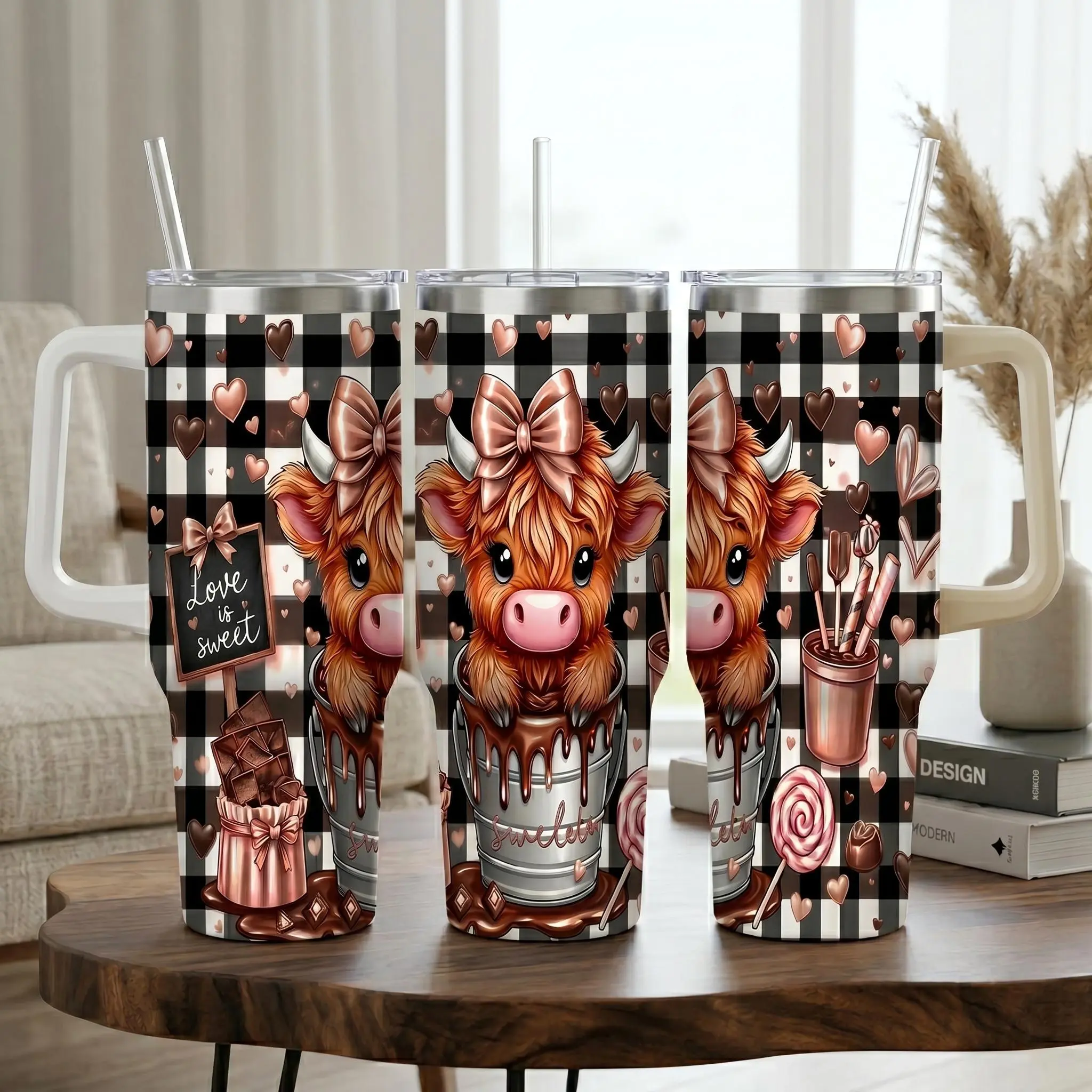 Highland Cow Insulated Stainless Steel Flasks (40oz/30oz/20oz) with Handle, Lid, Straw, Buffalo Plaid-Chocolate-Sweetheart Pink Bow Print Drink Mug, Car Cup Holder Friendly, Valentine's Gifts for Women