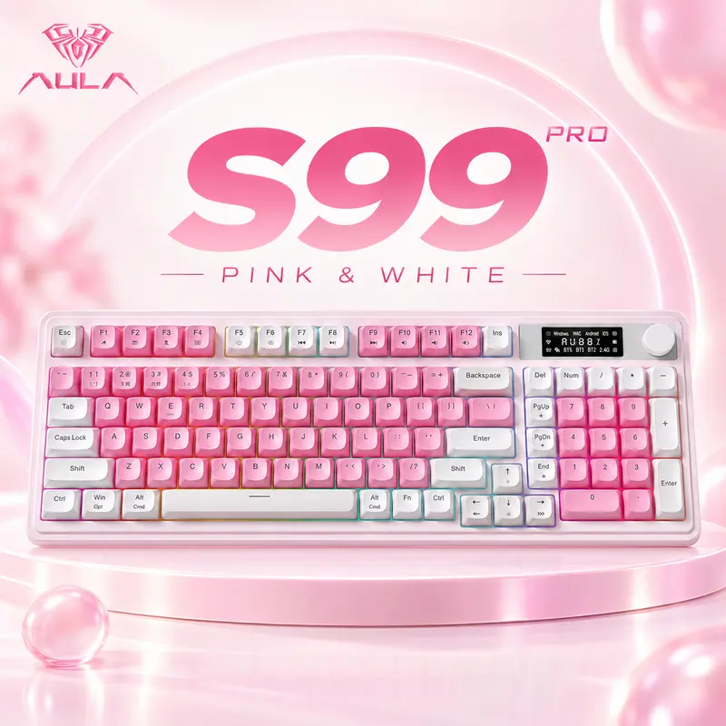 <NEW>AULA S99 Pro Wireless Gaming Keyboard - Tri-Mode Bluetooth/2.4GHz/USB-C Creamy Keyboard with RGB Backlit Numpad, Media Knob, Info Island, Macro Support, Fixed Non-Replaceable Membrane Keys, 48-Month After-Sales Service for PC Gamers