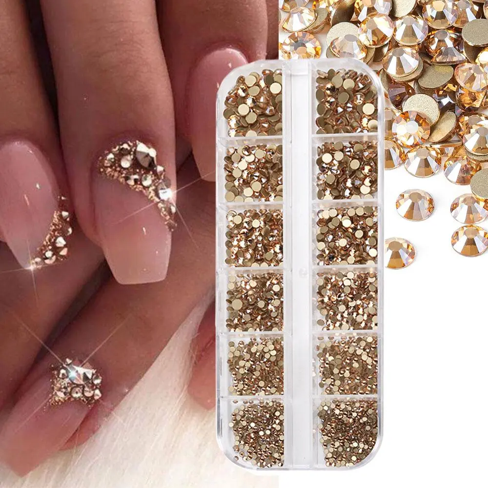 12grids Shimmering Champagne Nail Rhinestones SS6-SS30 Mixed Luxury Flatback Diamond Gems Bling Gemstones Strass Nail Art Charms