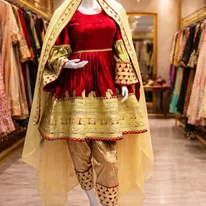 Elegant Afghan Red Velvet Dress with Gold Embroidery & chador– Party Wear