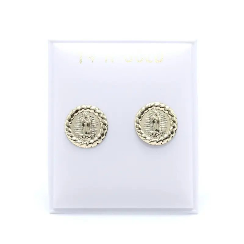 14KT Gold Round Virgencita with Rope Border Stud Screw on Earrings