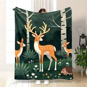 Twin Size Bedspread - Soft Flannel Blanket Suitable Adults, Deer Print Bed Cover, Lightweight Warm Cozy Bedspread Single Bed, Couch Or Camping, Deer-Themed Bedding