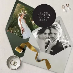 Custom Photo Envelope Liner Set of 25 with Custom Printed Photo Envelope, Thank You Card & Holiday Card for Wedding Invitations and More