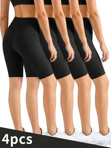 4-piece women's sports shorts, cycling and running training shorts, outdoor sports shorts, quick-drying and opaque, spring and summer lightweight and breathable style, solid-color cycling sports shorts