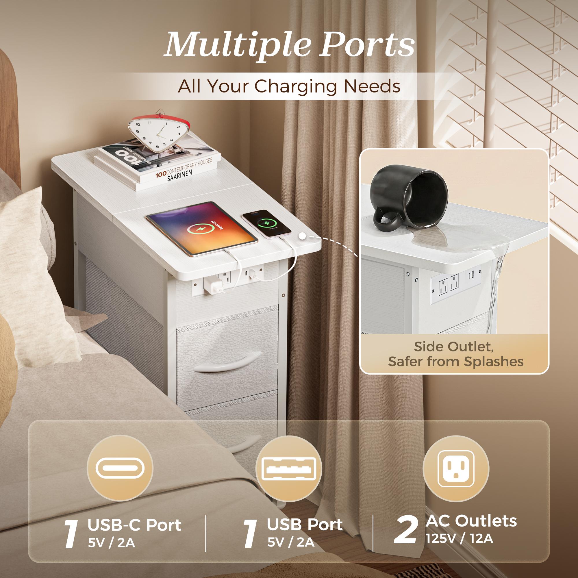 Huuger Narrow End Table with Charging Station, Flip Top Side Table with 2 Fabric Drawers, Slim Night Stand with USB-C Port for Small Spaces, Nightstand Bedside Couch Table, Living Room Huuger Narrow End Table with Charging Station, Flip Top Side Table with 2 Fabric Drawers, Slim Night Stand with USB-C Port for Small Spaces, Nightstand Bedside Couch Table, Living Room