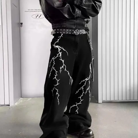 Men's Lightning Embroidery Straight Leg Streetwear Jeans, Embroidered Jeans, Loose Casual Comfy Denim Jeans for Daily Wear, Fashion Men's Bottoms for All Seasons, Menswear, Denim Clothing, Jeans Pants