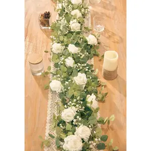 5.91FT Artificial Eucalyptus Garland with Flowers, Fake Flower Rose Gypsophila, Faux Floral Garland Home Party Craft Art Table Runner Decor