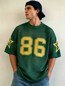 Breathable Mesh Short Sleeve Knit - Men's 86 Star Detail Loose Fit Top for Summer & Daily Wear, Casual Sports Tops, Athletic Fashion, Jersey Shirt, Athletic Sports Clothing, hockey jerseys, baseball jerseys, rugby jerseys