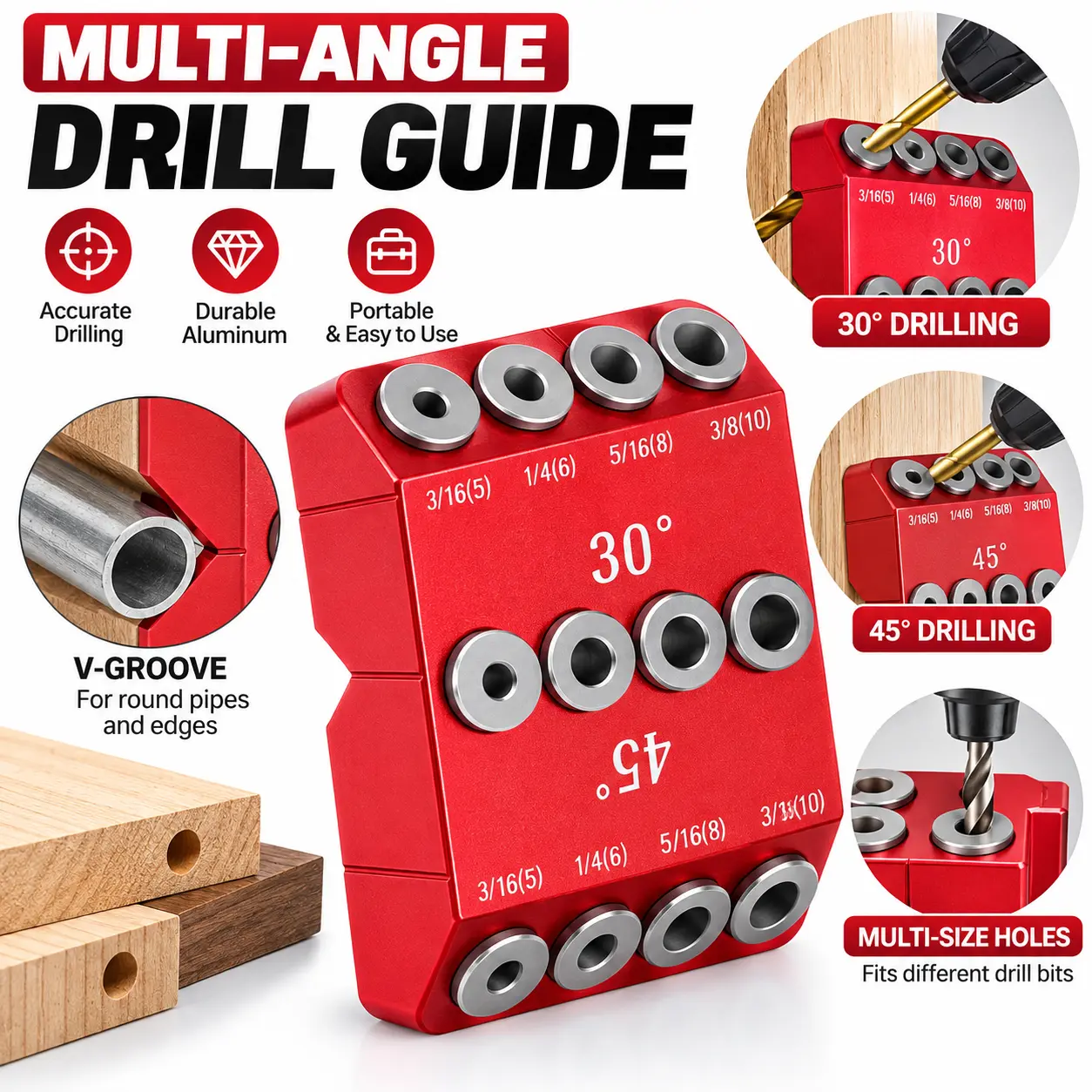 Drill Guide Jig, Multi-Angle 30° 45° Drilling Locator, Portable Drill Guide Block, Multi-Size Drill Bit Hole Guide, V-Groove Woodworking Tool for Wood, Pipe, Edge & Corner Drilling