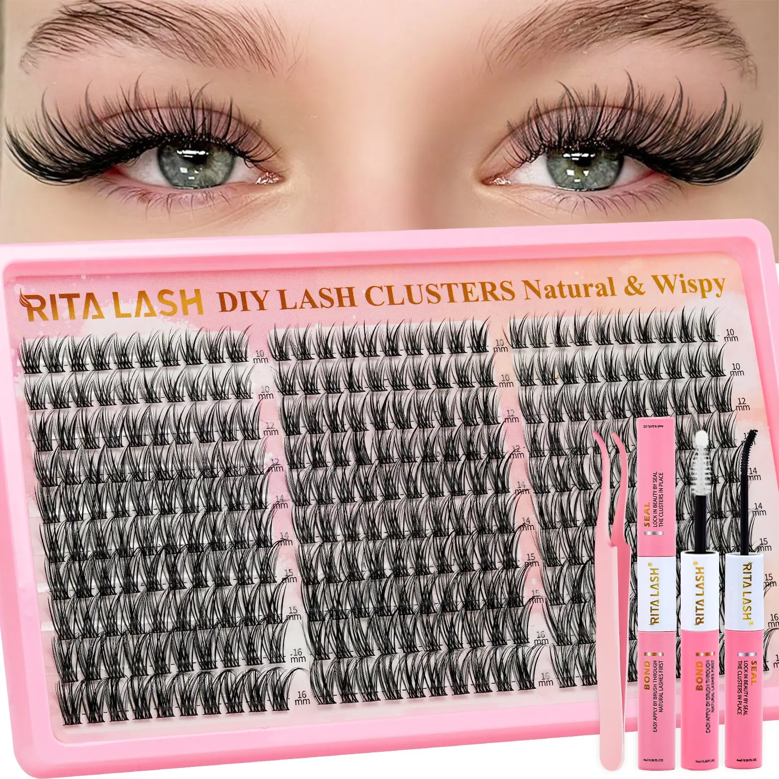 RITALASH 300PCS Lash Clusters Kit Cosmetic False Lashes Natural Look Clusters Wispy Eyelash Clusters Lashes Natural DIY Lash Extension Kit 10-16mm Cluster Eyelash Extensions Kit 300pcs D Curl Individual Lashes Cluster Eyelash