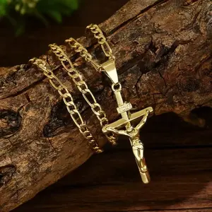 Classic Gold Tone Crucifix Pendant Necklace for Faithful Individuals - Elegant Religious Jewelry Gift for Birthday, Anniversary cuban cross