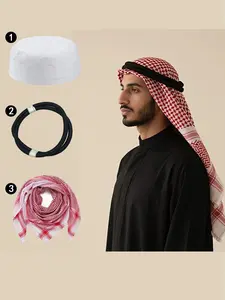 Arabian Ethnic Headscarf Set with Hat and Headband, Traditional Middle Eastern Keffiyeh for Men, Loose-Fitting All-Seasons Wear