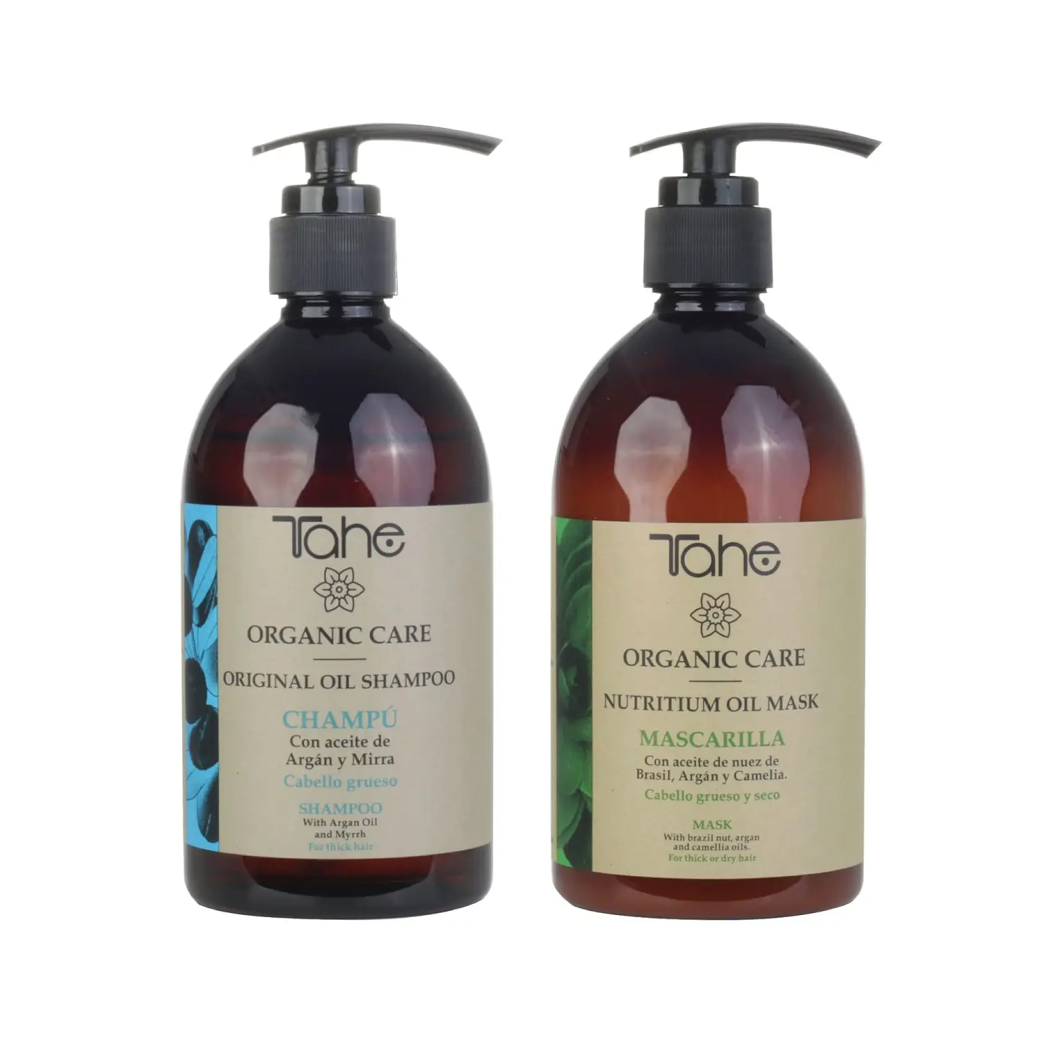 Tahe Organic Care Kit For Thick Hair - Original Oil Shampoo 500ml + Nutritium Oil Mask 500ml with Argan, Myrrh & Brazil Nut Oil for Hydration and Repair