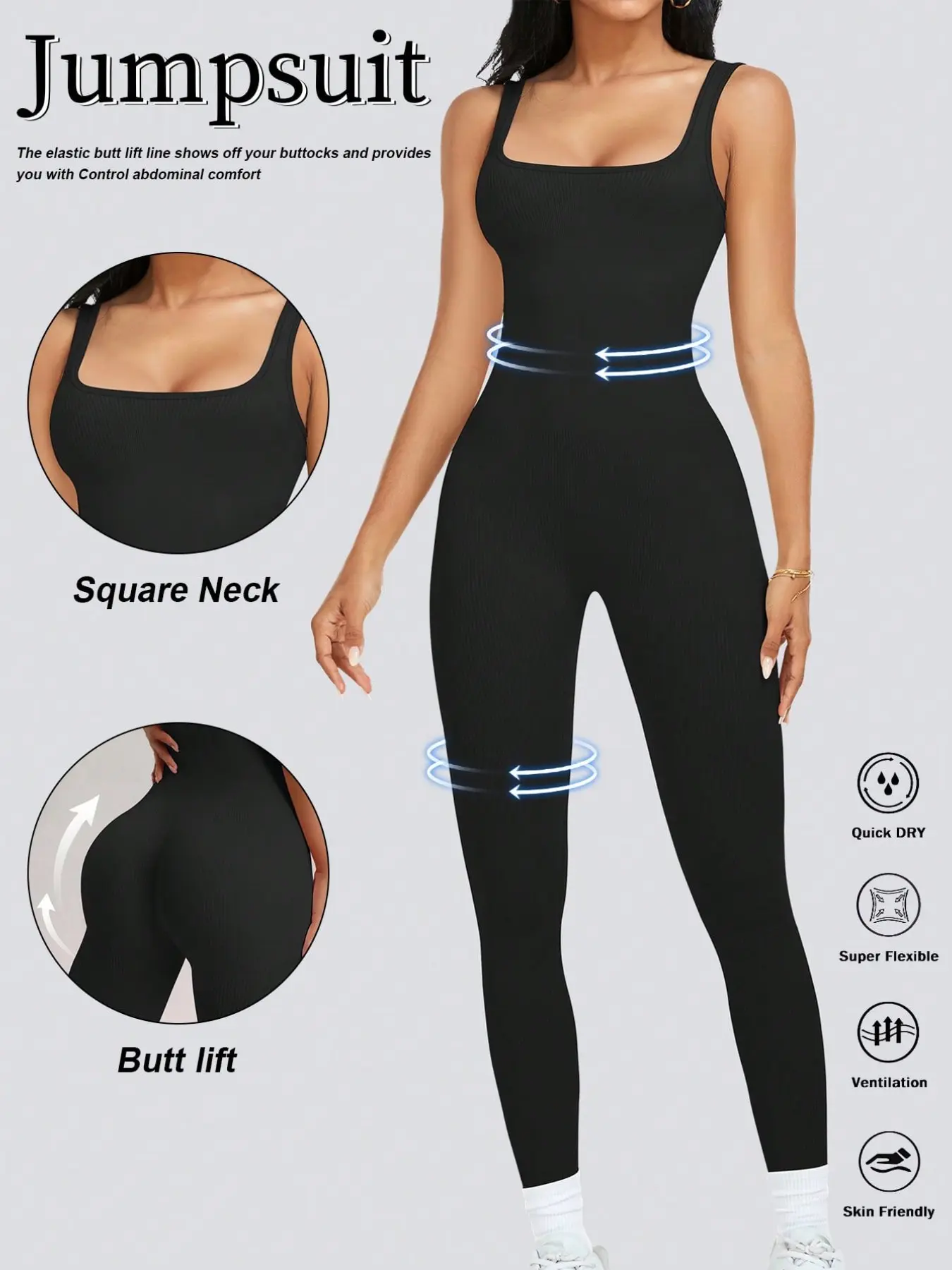 Womens Workout Tummy Control Rompers High Waisted Jumpsuits Seamless Ribbed Yoga Gym One Piece Sleeveless Square Neck Tank Top Leggings Unitard