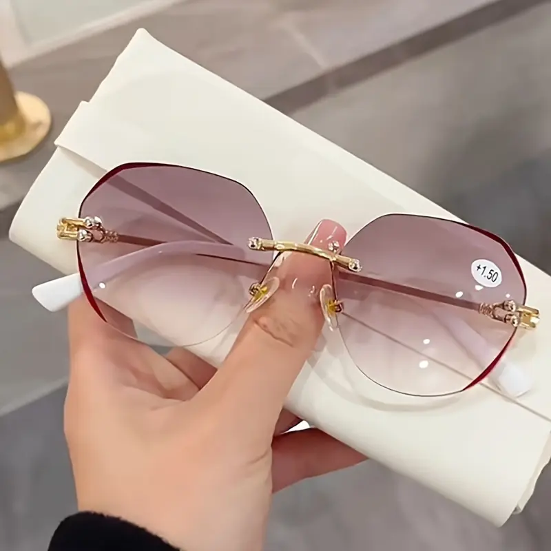 Women's Rimless esbyopia Reading Eyeglasses - Metallic Golden Oval-Shape Plain-Finish Fashion Frames, +1.0/+1.5/+2.0/+2.5/+3.0/+3.5/+4.0 Magnification Eyewear for Women, Metallic Women's Frames