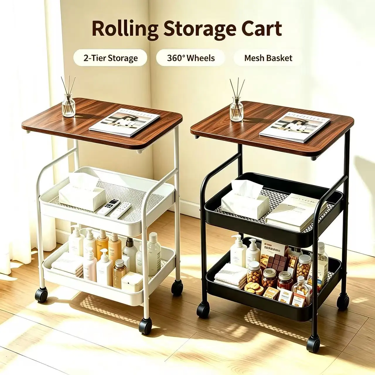 2-Tier Rolling Storage Cart with Wooden Tabletop, 360°Wheels Mobile Side Table, Hollow Mesh Storage Basket Utility Cart, Round Corner Organizer Trolley for Bedroom Kitchen Bathroom Office Salon Snack Plant Storage