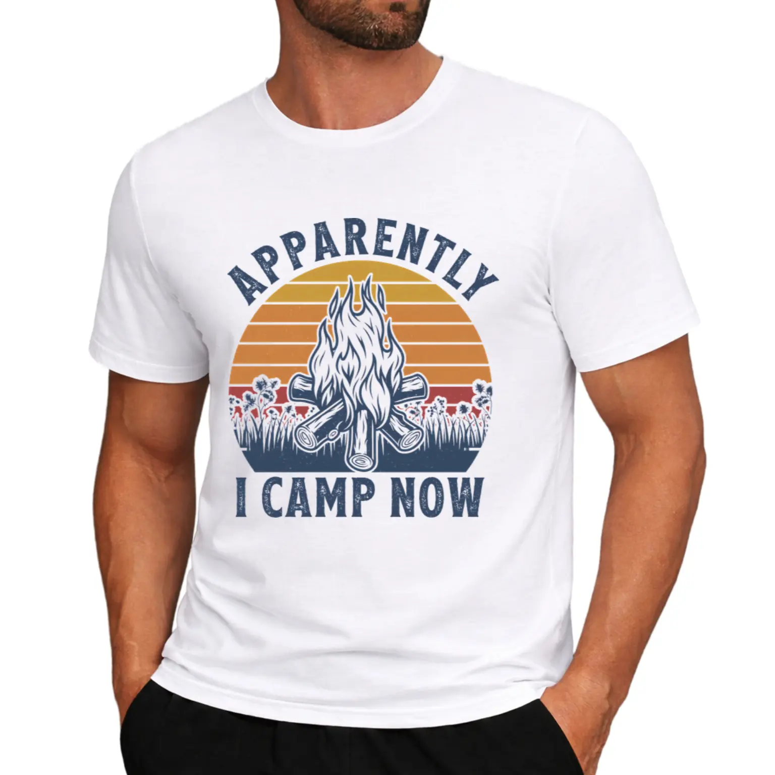 Apprently I Camp Now Vintage Campfire Sunset Graphic T-Shirt Fashion Printed Men's T-Shirt, Simple Tailoring Highlights Masculinity, Pure Material, Combination of Calm Solid Color And Vitality Printing, Comfortable And Breathable, a Must-Have Classic