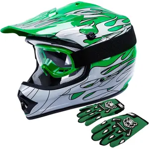 Green Flame DOT Kids Youth Motocross Helmets ATV Off-Road Dirt Bike Motorcycle Full Face Helmet+Gloves+Goggles Small