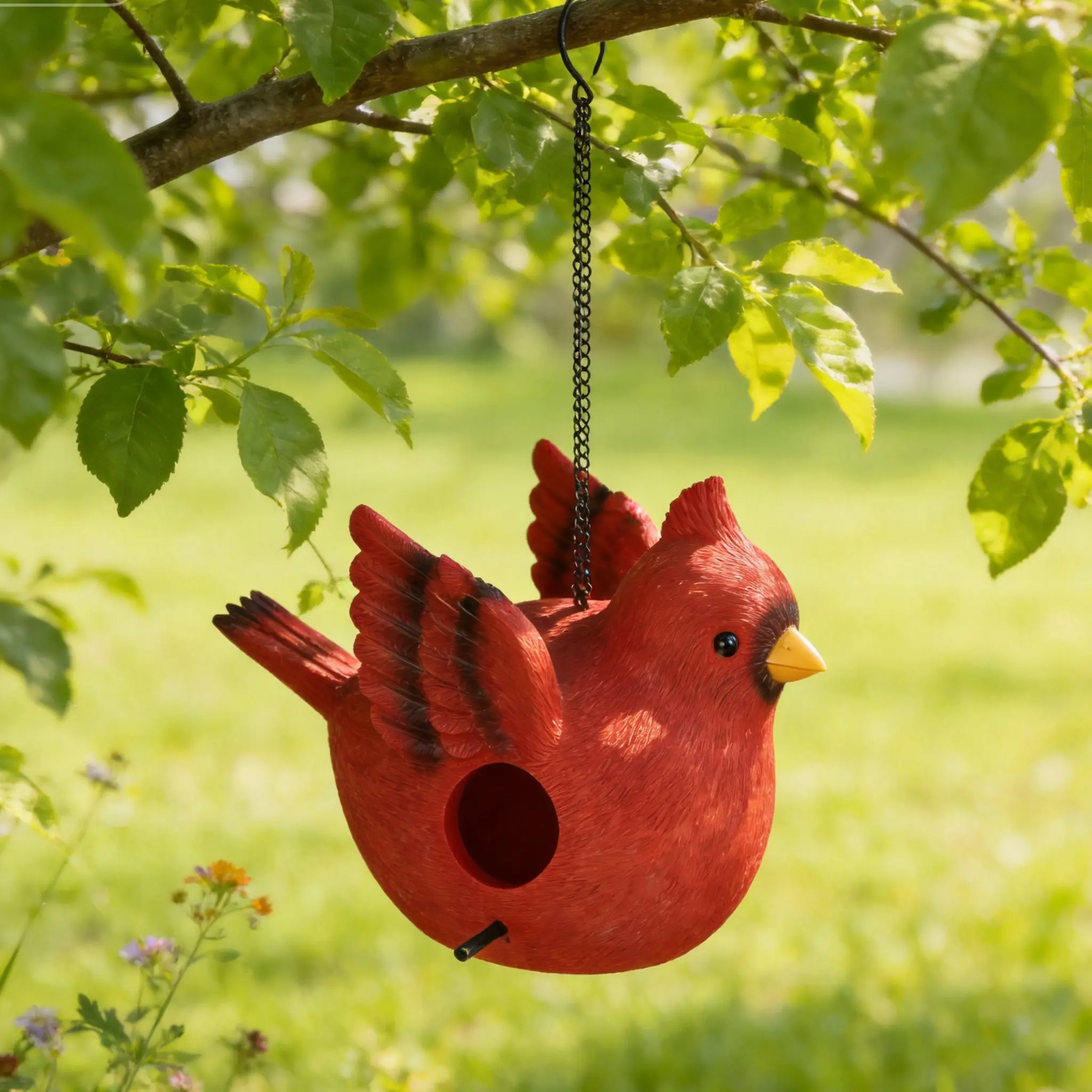 Hanging Cardinal Bird House for Outside - Cute Red Resin Garden Decor, Weatherproof Birdhouse with Chain for Wild Birds (Fits 1.37" Entry)