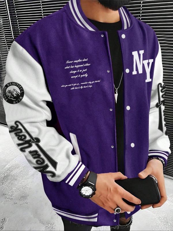 Men's Letter Print Baseball Collar Bomber Jacket, Loose Casual Sporty Long Sleeve Varsity Jacket for Fall & Winter, Men's Outerwear for Daily Wear Men's Letter Print Baseball Collar Bomber Jacket, Loose Casual Sporty Long Sleeve Varsity Jacket for Fall & Winter, Men's Outerwear for Daily Wear