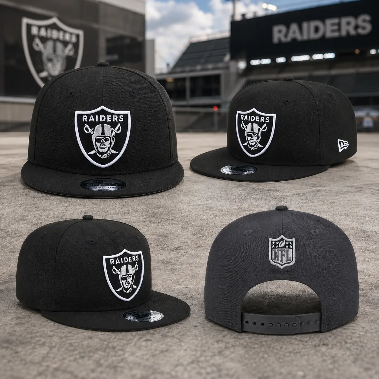 Raiders Black Snapback Hat – Embroidered Football Logo Flat Brim Adjustable Streetwear Cap for Men