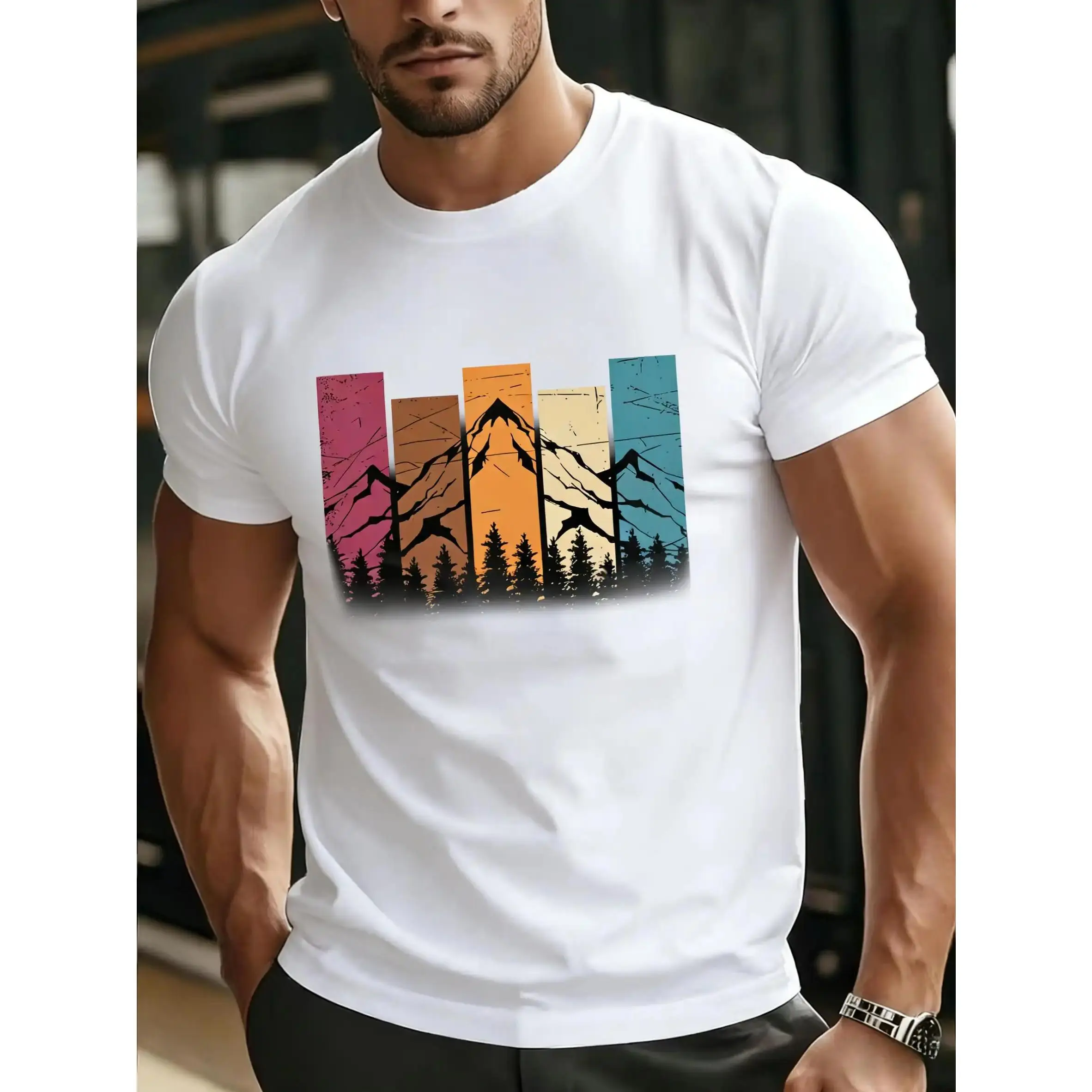 Men' & Women' Vintage Mountain Pine Forest Print T-Shirt - Breathable Loose Fit Short Sleeve Outdoor Top with Suitable for Hiking, Camping, Gym - Skin-Friendly Base Layer Shirt for Summer, Unisex Casual Wear (Machine Washable)