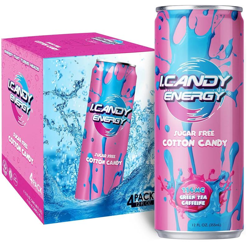 I.CANDY Energy Drink Sugar Free Cotton Candy Flavor Caffeine Infused 4-Pack 12 Fl Oz Perfect for Hustle Grind & Party Natural Caffeine from Green Tea Beverage